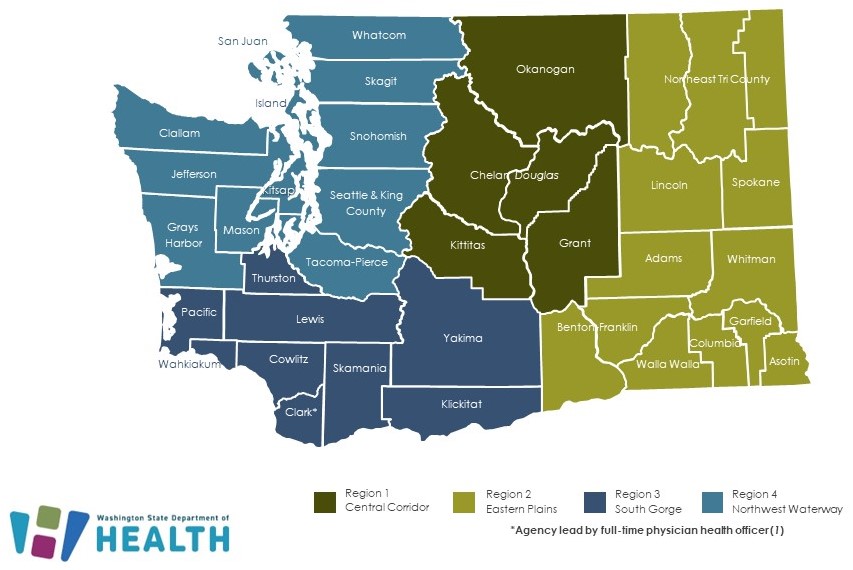Regional health offices state map colored coded by region.