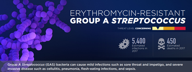 On the left is an image of purple Strep bacteria. The right and bottom list statistics and common symptoms.