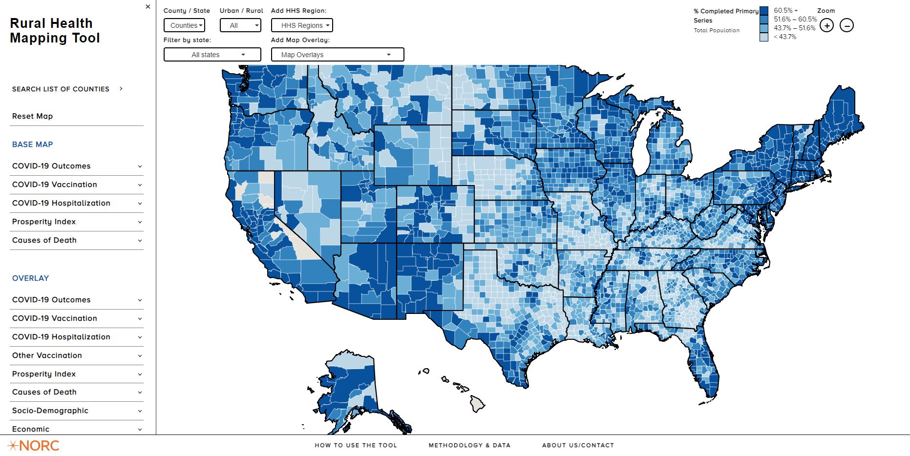 Map of US with various white to blue areas denoting rural health
