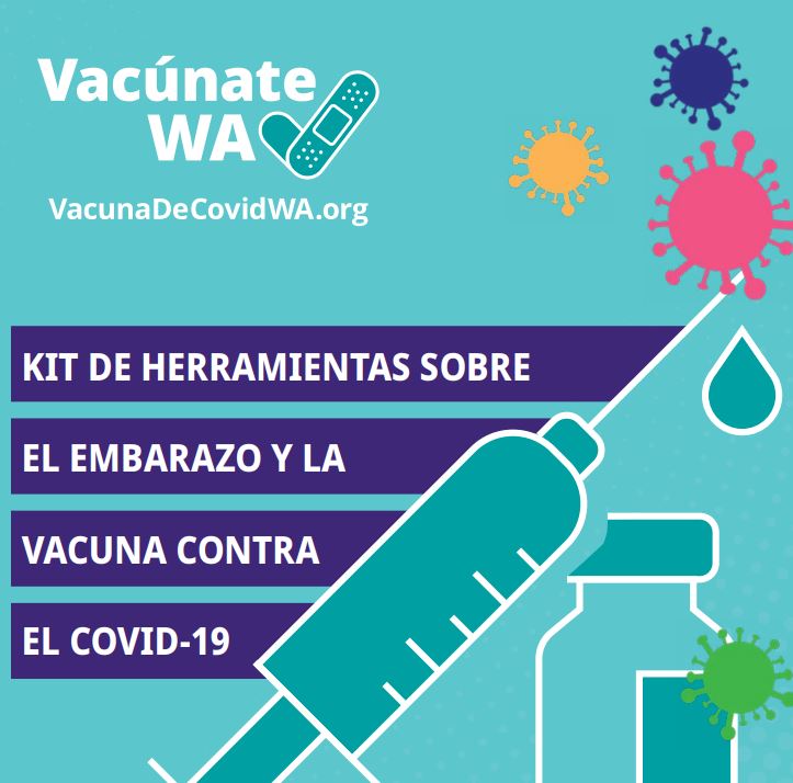Pregnancy and COVID Vaccine Toolkit in Spanish with syringe and bottle over teal and purple