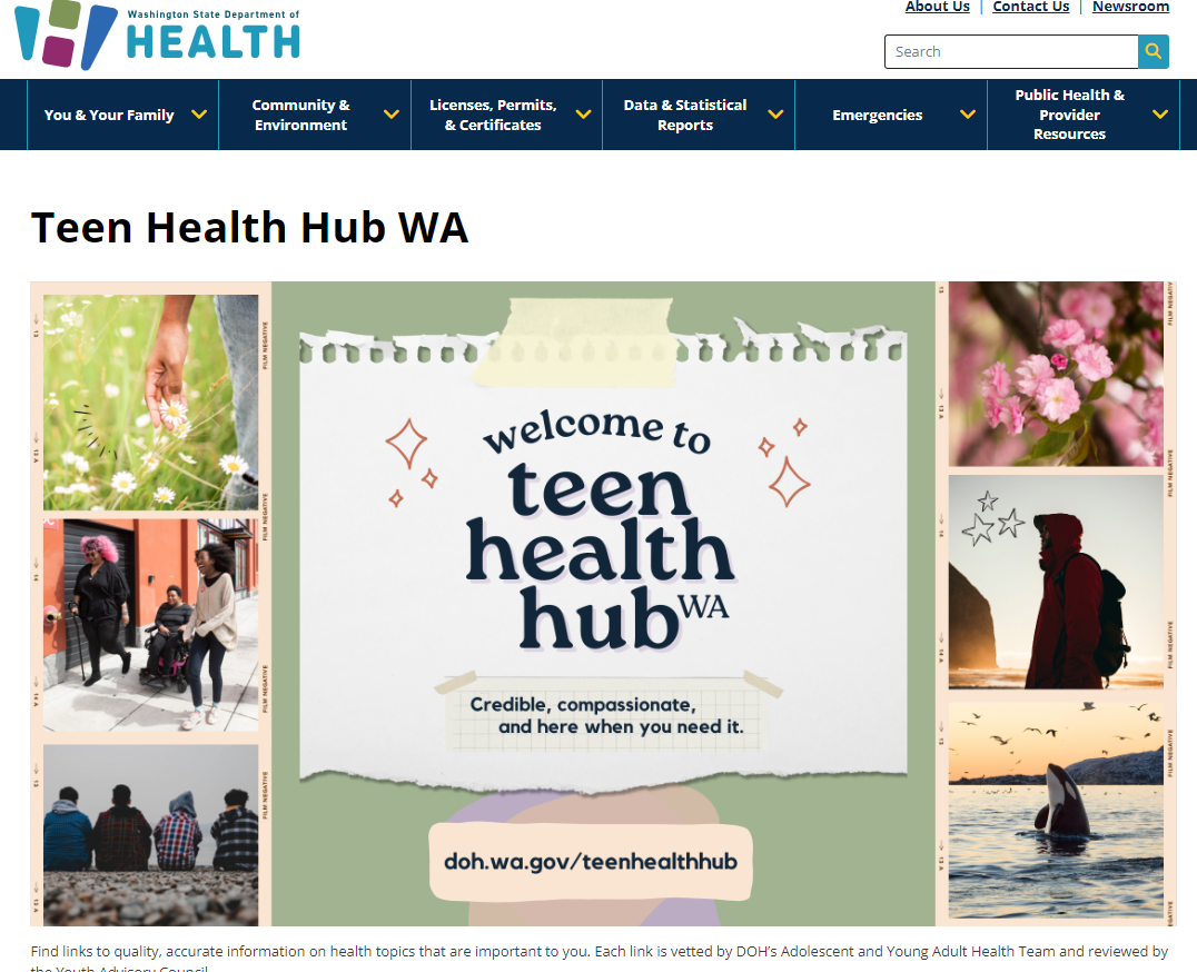 Screen shot of teen health hub webpage.