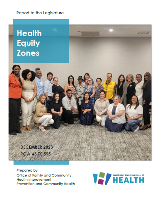 An image of the 2023 HEZ legislative report coversheet that features a photo of the HEZ Community Advisory council, staff, and contractors