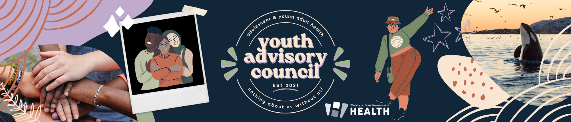 Youth advisory council graphic with pictures and images of young people and washington animals.