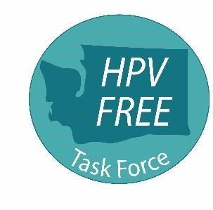 Washington HPV Free Task Force Logo, Circle filled with Teal color holding a map of WA state on it with script HPV Free Task Force 
