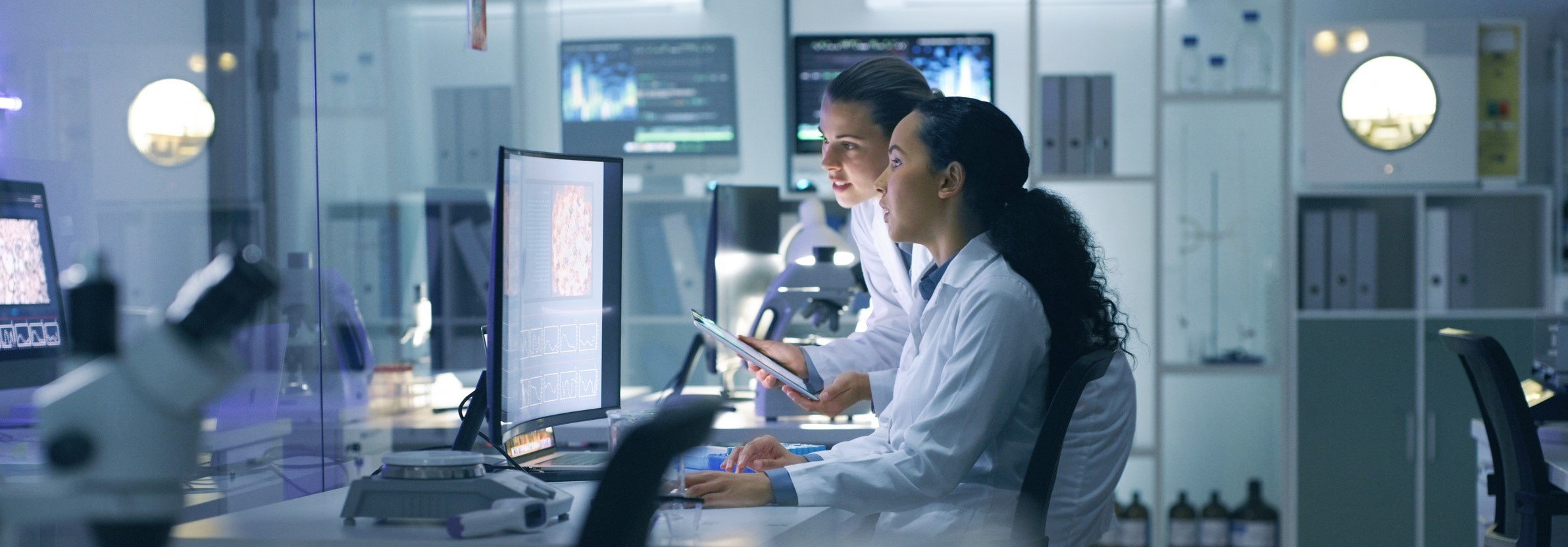 stock photo of two women, one seated one standing in a science lab looking at a large computer monitor.