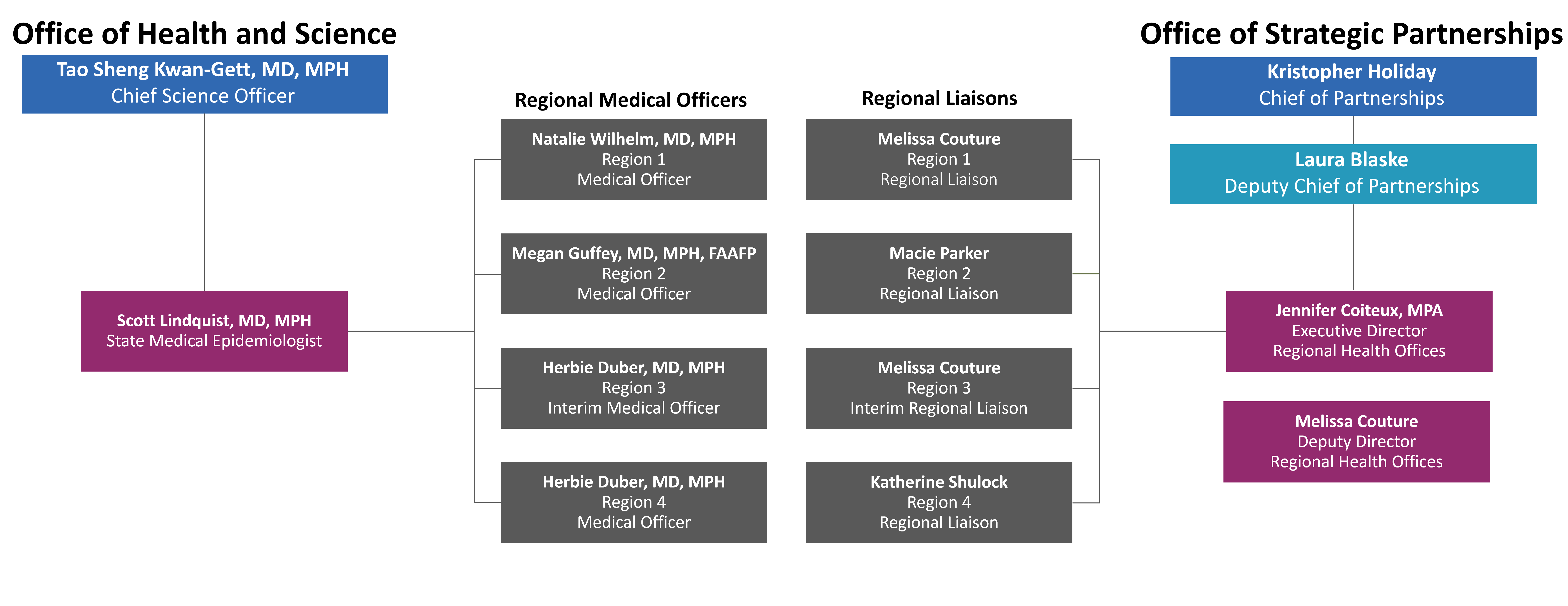 Organizational chart for regional liaisons and leadership roles.