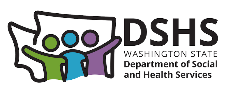 Logo for DSHS with 3 stick people linking arms across an outline of Washington.