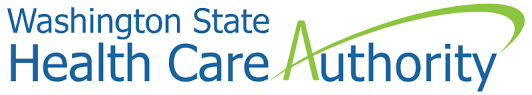 Washington State Health Care Authority written out in blue font with only the A in green with a slash going up and to the right.