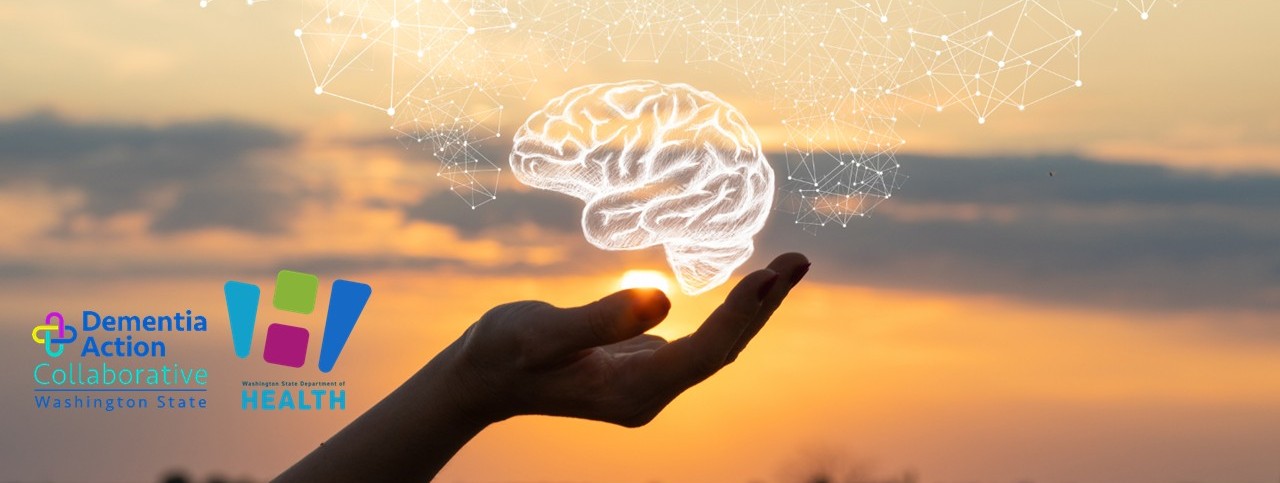 Photo illustration of a brain in the palm of woman's hand with a scenic landscape in background.