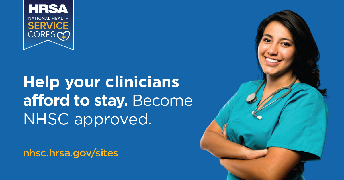 Photo promoting NHSC to sites with picture of woman health care worker