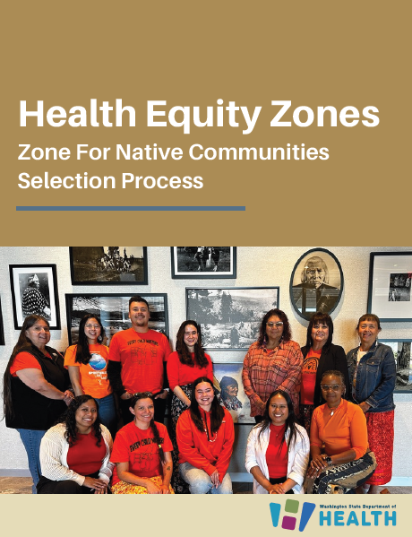 Title page of the English Zone for Native Communities Selection Process. A tan header with white text followed by a group photo of HEZ staff and the Indigenous Advisory Panel wearing orange for Orange Shirt day which grows awareness of the individual, family and community intergenerational impacts of Residential Schools. Seven people in the back row stand against a wall with portraits of different Spokane Tribal Members, five people in the front are kneeling, both rows have a gap to allow a portrait to show