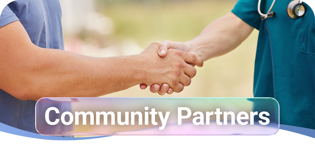 Nurse shaking hands with a member of the community with a  "Community Partners" header.