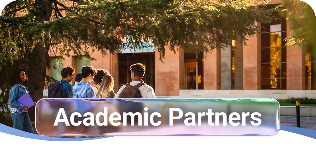 Academic Partners header in front of students walking through a college campus
