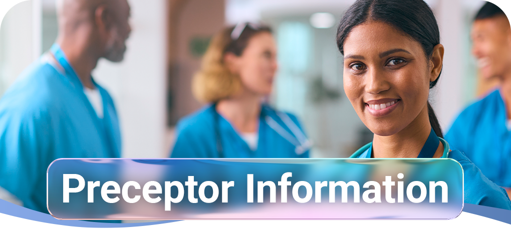 Preceptor Information header in front of a smiling nurse with her colleagues standing behind her