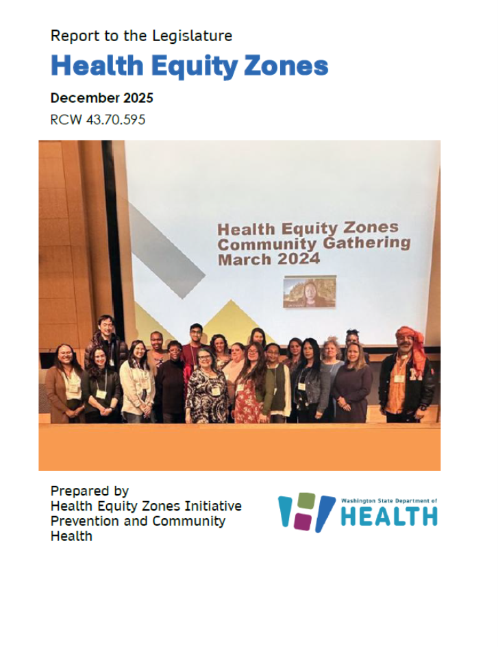 Title page of the HEZ 2026 Legislative Report, featuring Community Advisory Council members in a meeting hall standing in front of a drop down screen with a powerpoint slide on it, at the March 2024 Gathering. 