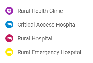 Map key showing purple health shield for rural health clinics, blue bed for critical access hospitals, red bed for rural hospitals, and yellow bed for rural emergency hospital