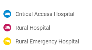 Map key featuring three hospital beds, blue for critical access hospitals, red for rural hospitals, and yellow for rural emergency hospitals