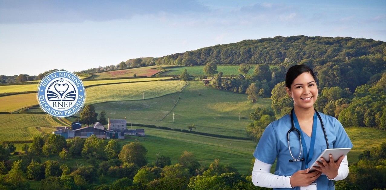 Nurse overlaid on rolling green hills with the RNEP logo on the left.
