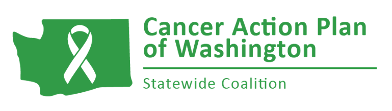 Cancer Action Plan of Washington Statewide Cancer Coalition Logo with graphic of Washington state map in green color with white ribbon at the center