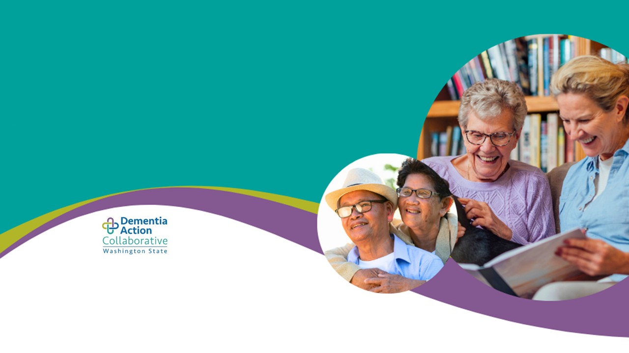 Smiling senior citizens in various settings with Dementia Action Collaborative logo.