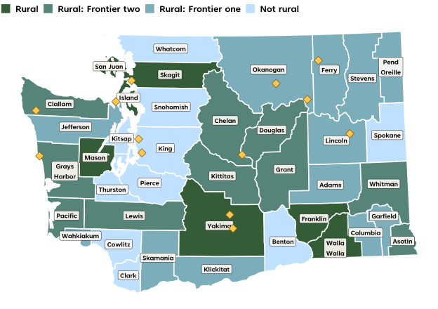 Map showing rural classification of Washington counties and locations of advisory member locations