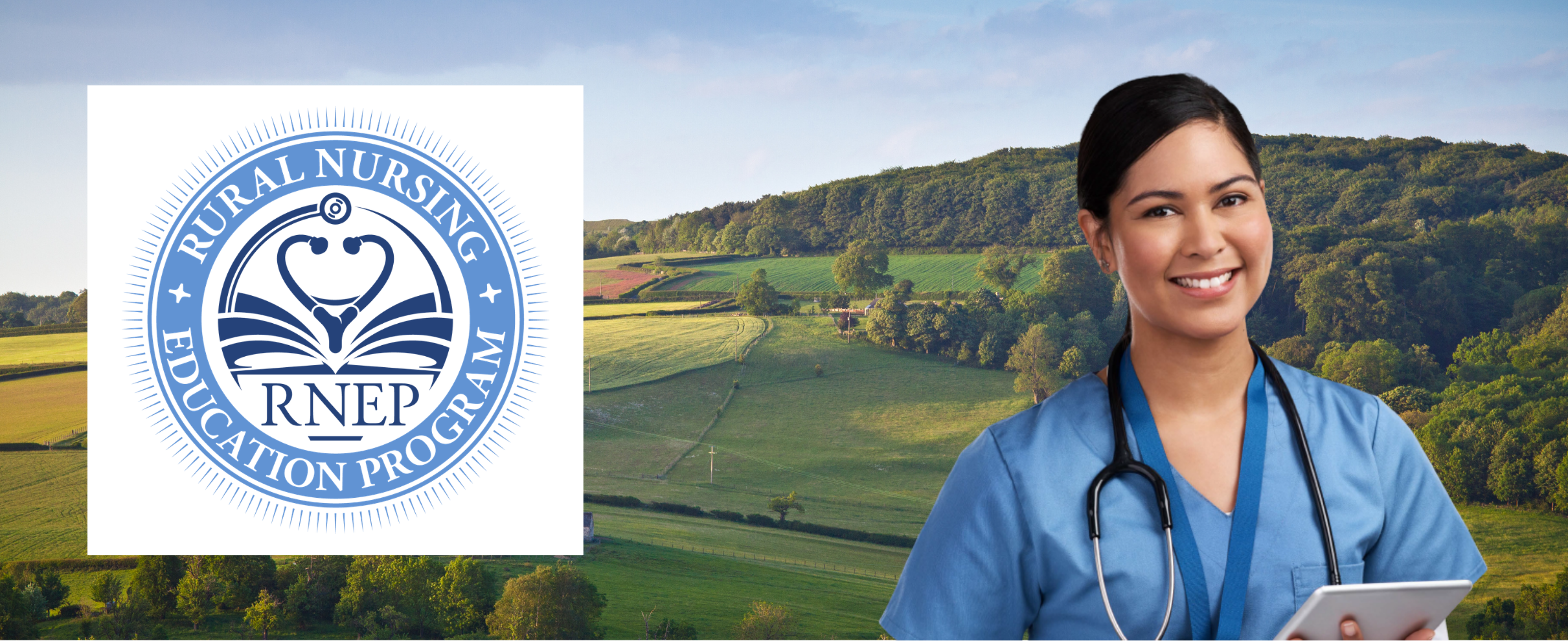 RNEP logo and nurse in front of rural landscape