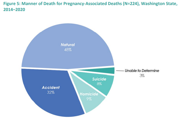 Pie chart using a blue-green color scheme with 5 pieces: natural (48%), accident (32%), homicide (9%), suicide (8%), and unable to determine (3%).
