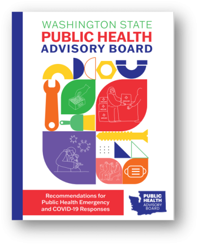 Brightly colored abstract images with the text Recommendations for Public Health Emergency and COVID-19 Responses against a red box alongside the Public Health Advisory Board logo