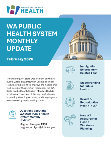 Front page of the February edition of the WA Public Health System Monthly Update with capitol building photo and blue and white text.