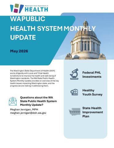 Front page of the WA Public Health System Monthly Update Newsletter with capitol building and blue and white graphics.