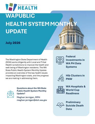 Newsletter front page with shades of blue and dark text and an image of the capitol building.