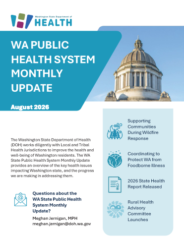 Front page of the WA Public Health System Monthly Update with a photo of Washington's capitol building and a table of contents.