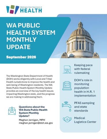 Front page of the WA Public Health System Monthly Update with a photo of WA's capitol building in the top right.