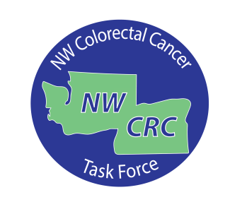 Northwest Colorectal Cancer Task Force Logo A dark blue circle with the maps of Washington and Oregon states in the center holding letters NW CRC and words NW Colorectal Cancer at the top and Task Force below the map.