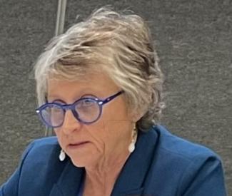 Heather Hill, a female with blond/gray hair and wearing a blue blazer, speaking with public members at a table.