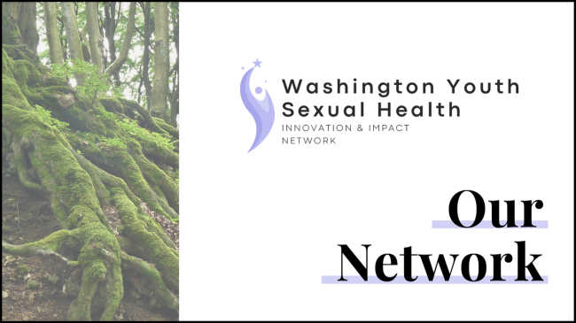 Image of moss-covered tree roots beside the text, "Washington Youth Sexual Health Innovation & Impact Network: Our Network"