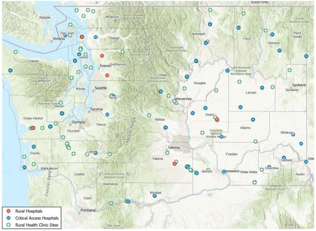 Map of WA State with Rural Health Systems Identified