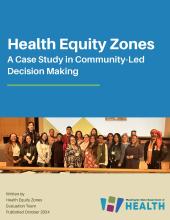 Title page in English of the HEZ Case Study. A group photo of the HEZ Community Advisory Council is under the title on the page.