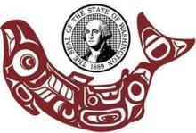 Tribal art of a fish in red and white with Washington seal above.