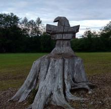 Scenic photo of an eagle shape carved into tree trunk on Washington land.