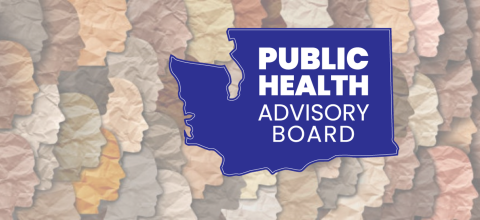 Blue Washington state logo with white text for Public Health Advisory Board, against a background with diverse profiles in different skin tones