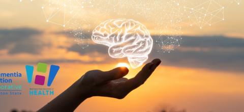Photo illustration of a brain in the palm of woman's hand with a scenic landscape in background.