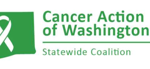 Cancer Action Plan of Washington Statewide Cancer Coalition Logo with graphic of Washington state map in green color with white ribbon at the center