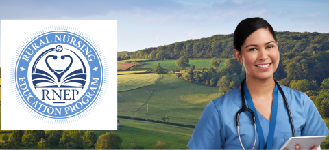 RNEP logo and nurse in front of rural landscape